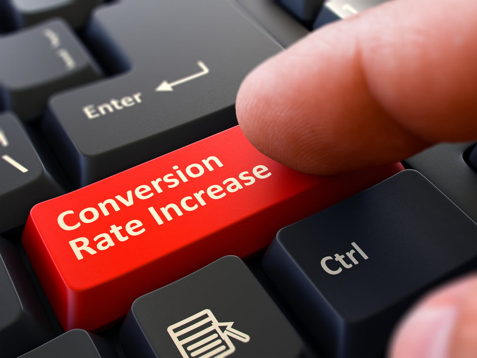 Conversion Rate Increase Red Button - Finger Pushing Button of Black Computer Keyboard. Blurred Background. Closeup View. 3d Illustration.-1