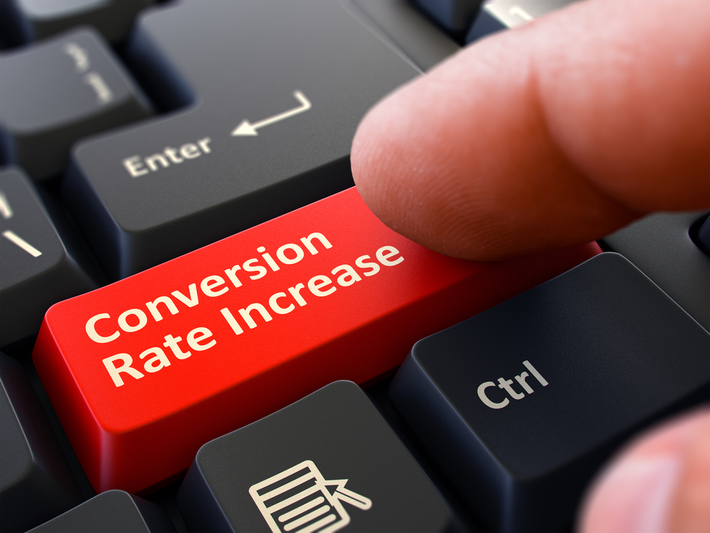 Conversion Rate Increase Red Button - Finger Pushing Button of Black Computer Keyboard. Blurred Background. Closeup View. 3d Illustration.-2