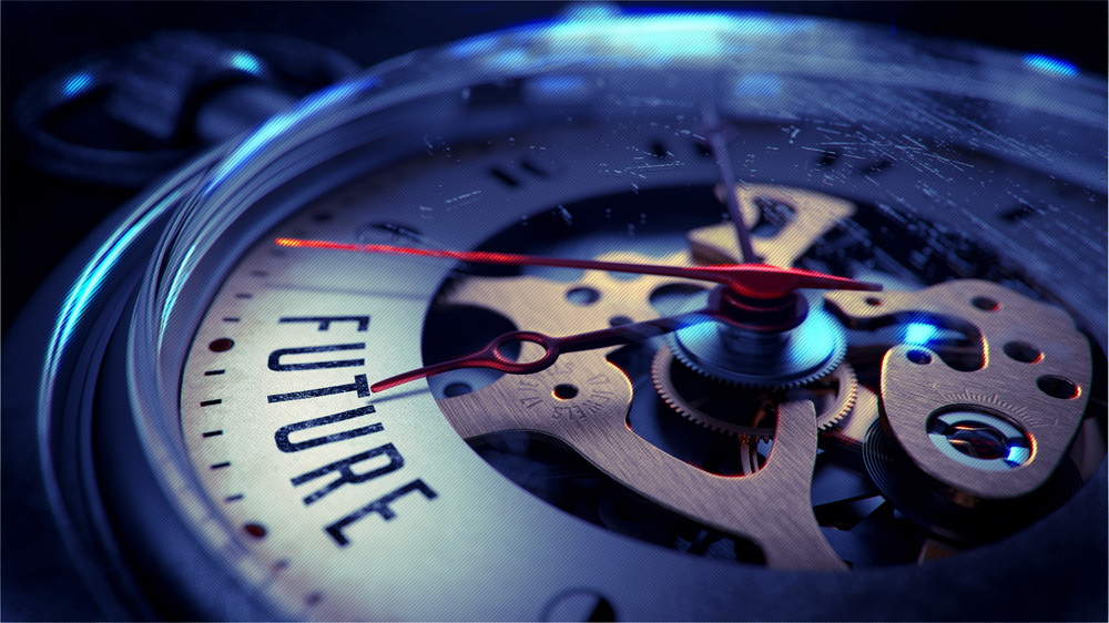 Future on Pocket Watch Face with Close View of Watch Mechanism. Time Concept. Vintage Effect.