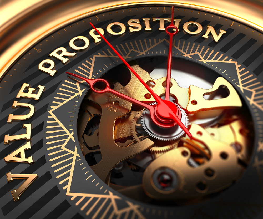 Value Proposition on Black-Golden Watch Face with Closeup View of Watch Mechanism.
